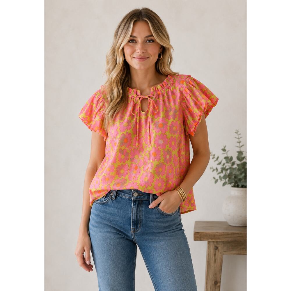 Ivy Jane Cotton Vibrant Floral Print Puff Sleeve Pink Yellow Women’s XS NEW